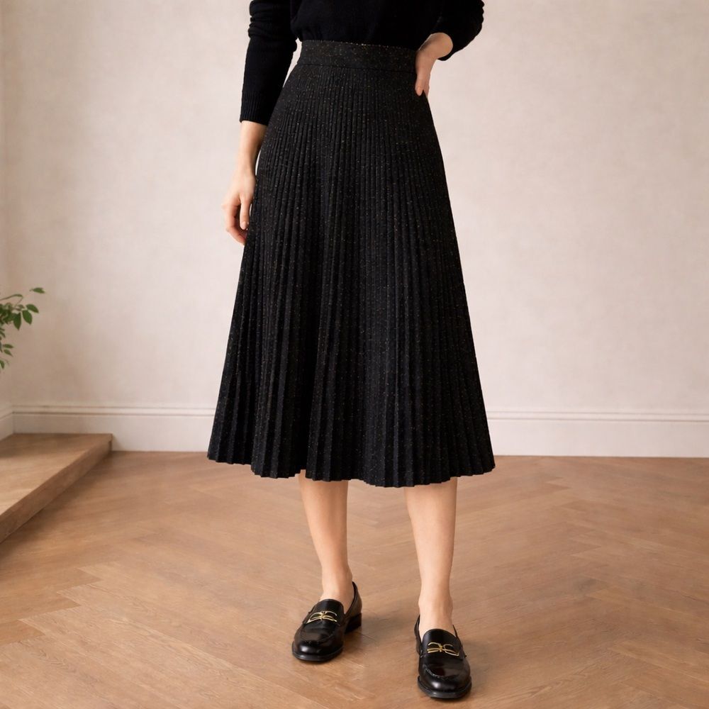 Vintage 60s Campus Casuals Wool Pleated Midi Skirt Black Confetti Fleck Size XS